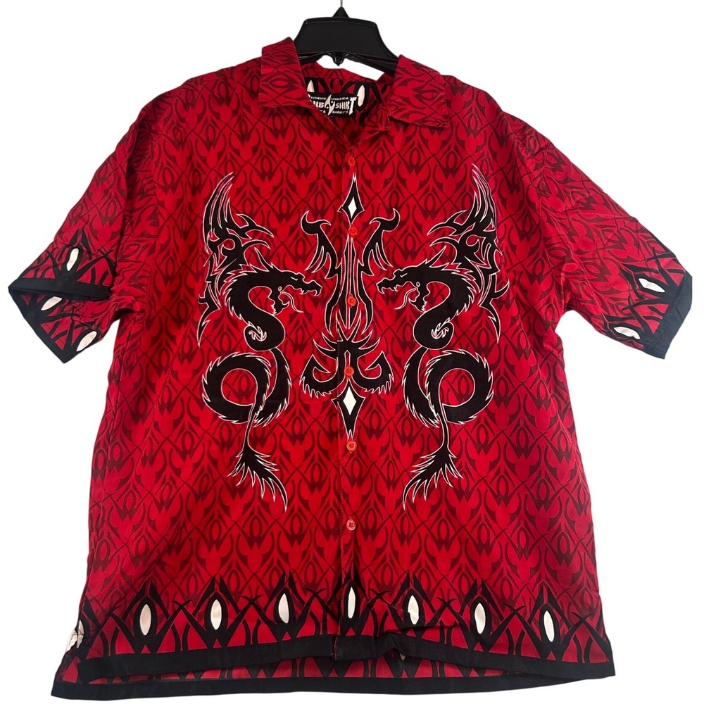 Steve & Barrys Authentic Lounge Wear Red Dragon Graphic Button Up Shirt Men M